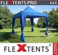 Gazebo pieghevole 3x3m Blu, incl. 4 tendaggi decorativi